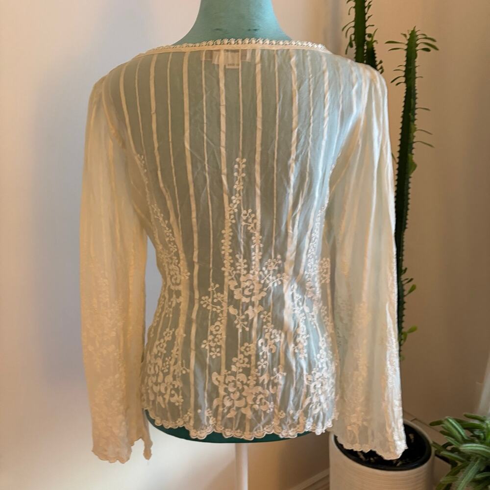 Silk Floral Lace Boho Blouse Cream Embroidered Fairycore Victorian Romantic S - Picture 5 of 12